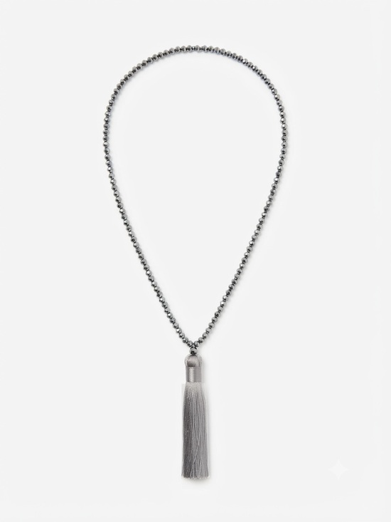 Jewelry - Gunmetal Beaded Long Necklace with Grey Silk Tassel Pendant